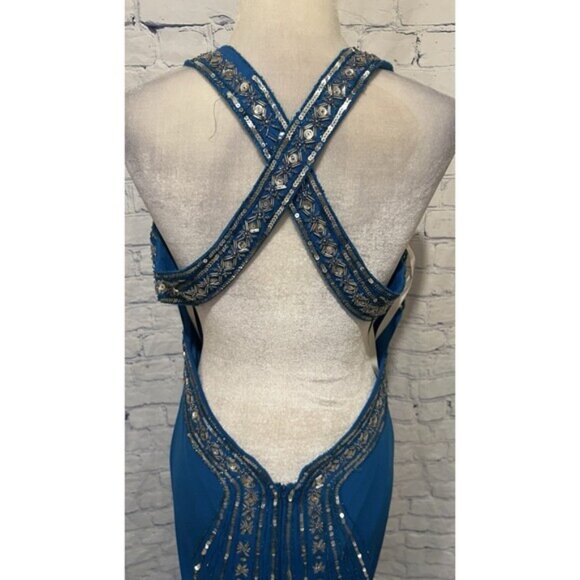 Vintage Niki Livas Women Formal Gown Size 12 Maxi Open Blue Evening Dress - Picture 9 of 13